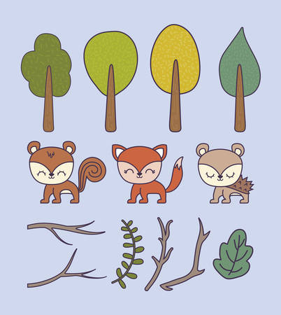 set of trees plants with animals and branches vector illustration designのイラスト素材