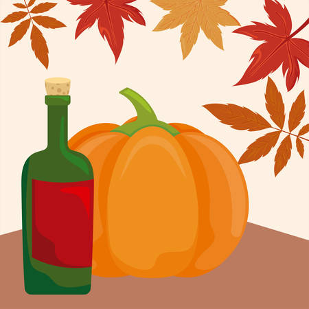 pumpkin in harvest with wine bottle vector illustration designのイラスト素材