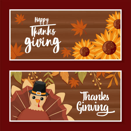 cards with label happy thanksgiving and autumn leaves vector illustration designのイラスト素材