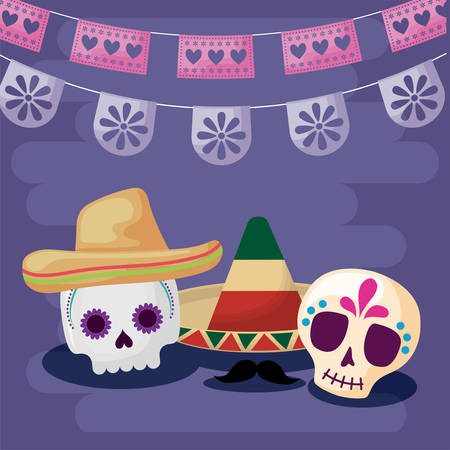 viva mexico celebration with skulls and hat traditional vector illustration designのイラスト素材
