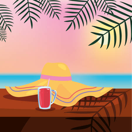 summer time holiday hat and juice on table sun background vector illustrationのイラスト素材