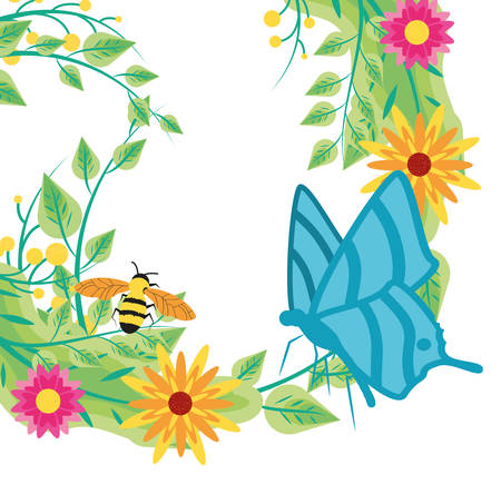 decoration of flowers with bee and butterfly vector illustration designのイラスト素材