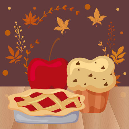 delicious and fresh cakes with apple with autumn leaves of background vector illustration designのイラスト素材