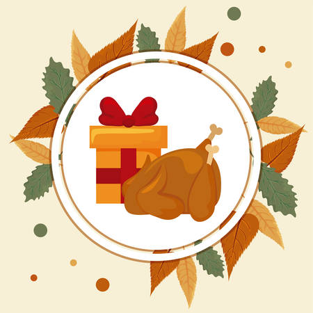 gift box with turkey roasted and autumn leaves of background vector illustration designのイラスト素材