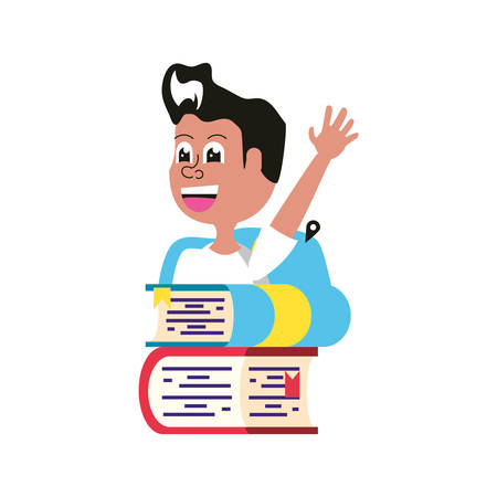 cute little student boy with bag school and stack books vector illustration designのイラスト素材
