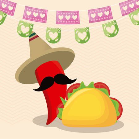 viva mexico celebration with chili pepper and taco food vector illustration designのイラスト素材