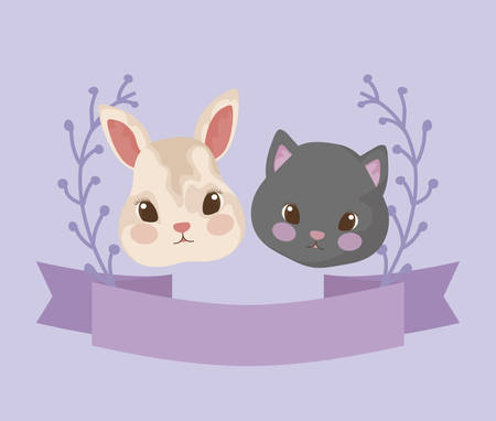 heads of cute cat with rabbit baby animals vector illustration designのイラスト素材