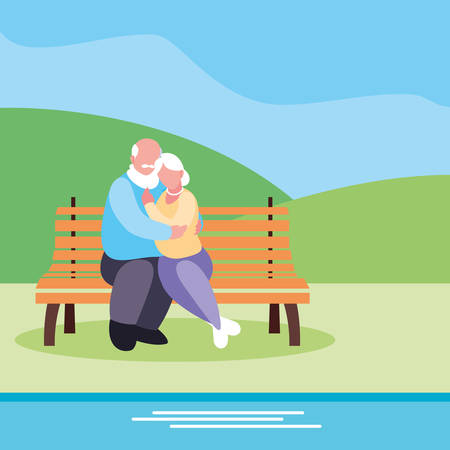cute old couple seated in chair of park vector illustration designのイラスト素材