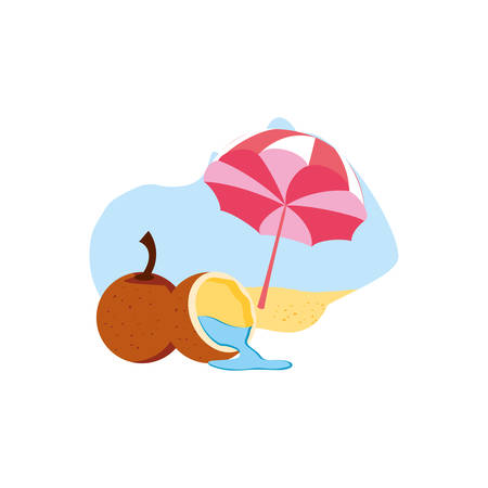 fresh coconut with half fruit in the beach and umbrella vector illustration designのイラスト素材