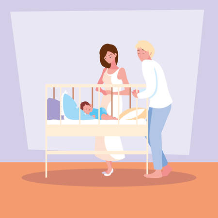 parents observing of baby boy sleeping vector illustration designのイラスト素材