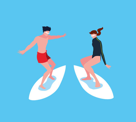 couple in surfboard in wave vector illustration designのイラスト素材
