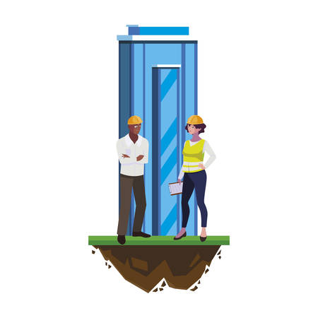 interracial couple builders with building vector illustration designのイラスト素材