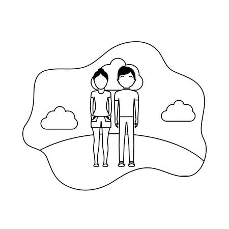 young couple with clouds avatar character vector illustration designのイラスト素材