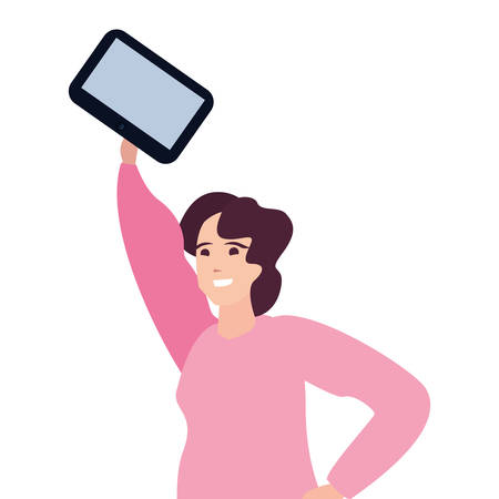 woman holding smartphone young happy people vector illustrationのイラスト素材