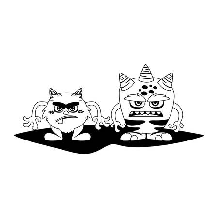 funny monsters couple comic characters monochrome vector illustration designのイラスト素材