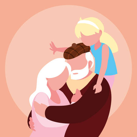 cute old couple hugged with granddaughter vector illustration designのイラスト素材