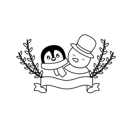 head of penguin and snowman on white backgroundのイラスト素材