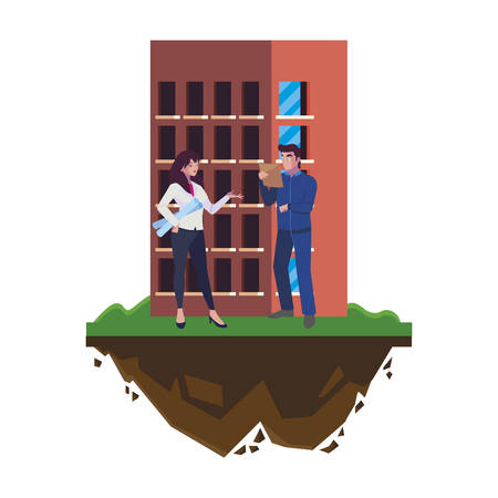 male builder constructor with woman engineer and building vector illustrationのイラスト素材