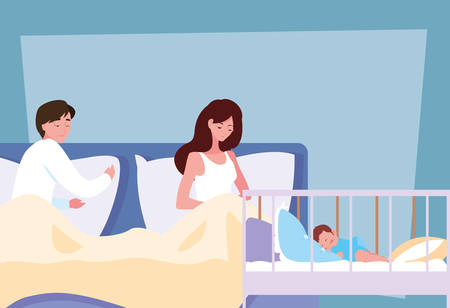 parents in bed with baby in crib vector illustration designのイラスト素材