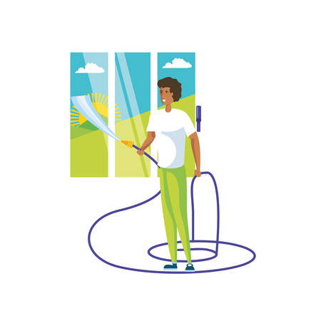 Man cartoon cleaning design, Object home work hygiene equipment domestic and housework theme Vector illustrationのイラスト素材