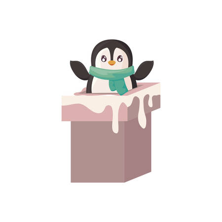 cute penguin entering the chimney on white backgroundのイラスト素材