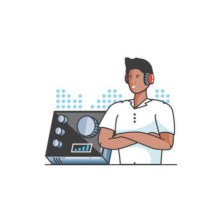 young man with earphones and audio console vector illustration designのイラスト素材