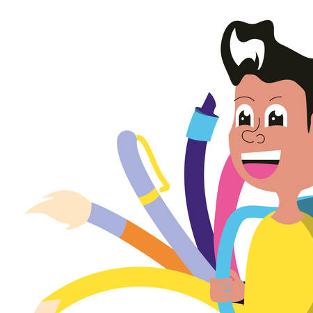 little student boy with bag school and set of pencils vector illustration designのイラスト素材