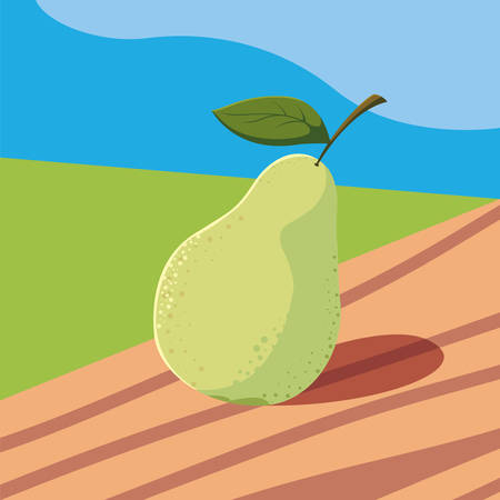 fresh pear fruit in wooden table and landscape vector illustration designのイラスト素材