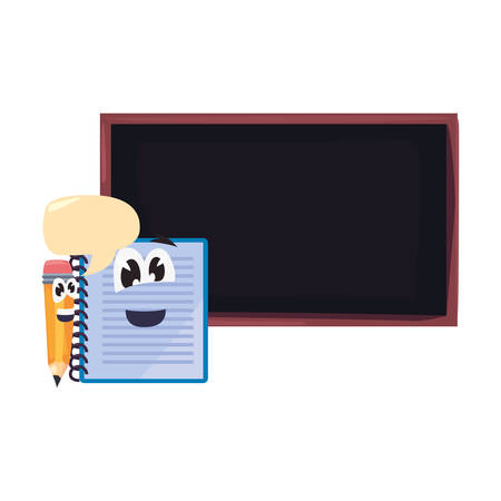 chalkboard notebook pencil talk bubble cartoon back to school flat design vector illustrationのイラスト素材