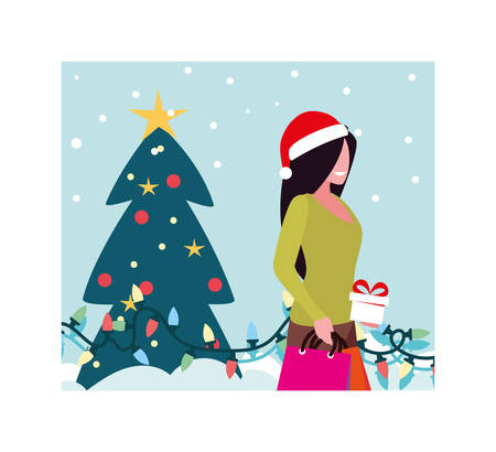 scene of woman with christmas tree and gift vector illustration designのイラスト素材