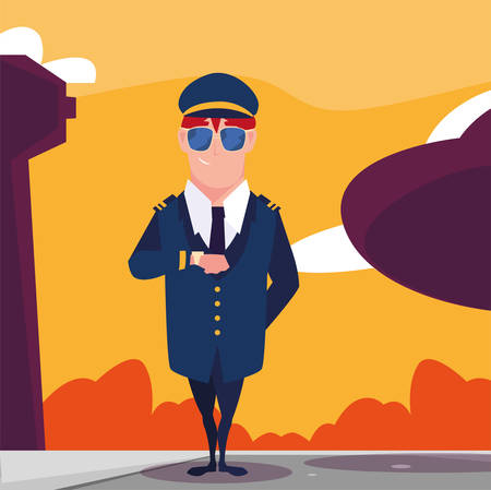 man airplane pilot in front of the plane at the airport vector illustration designのイラスト素材