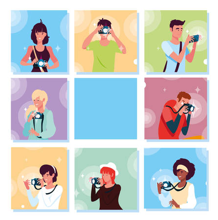 set of cards with people taking a photo vector illustration designのイラスト素材