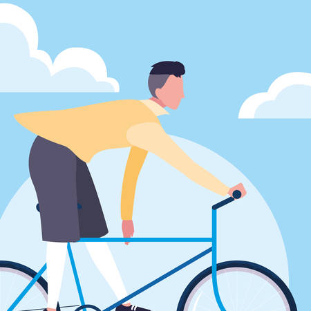 young man riding bike with sky and clouds vector illustration designのイラスト素材