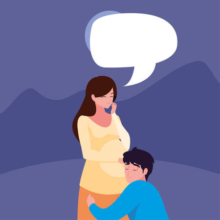 man hugs a pregnant woman talking outdoors - pregnancy and maternity vector illustrationのイラスト素材