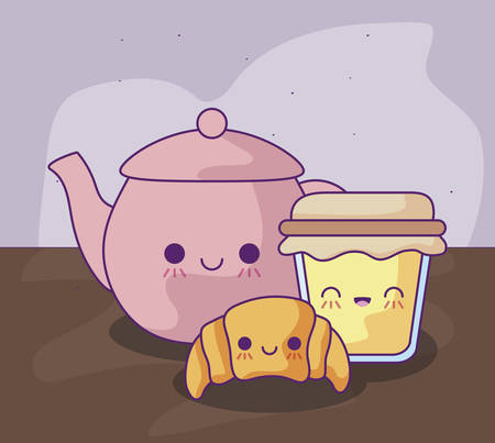 cute teapot with delicious food kawaii style vector illustration designのイラスト素材