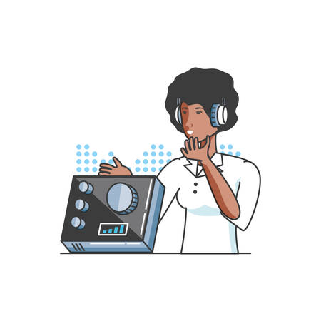cute young woman with earphones and audio console vector illustration designのイラスト素材