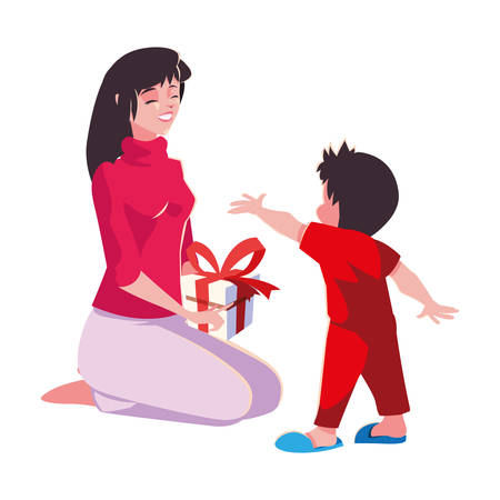 Mother and son with gift design, Merry christmas season decoration card invitation celebration and holiday theme Vector illustrationのイラスト素材