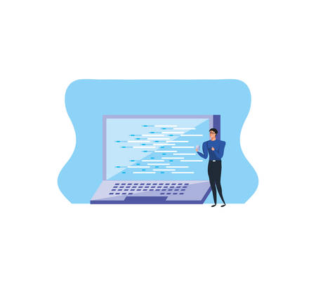 business man using smartphone with laptop computer vector illustration designのイラスト素材