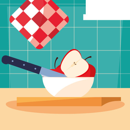 kitchen board with apples in bowl and knife vector illustration designのイラスト素材