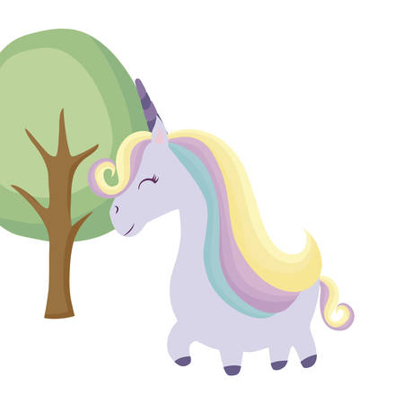 cute unicorn animal with tree plant vector illustration designのイラスト素材