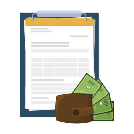 wallet with bills dollars and clipboard documents vector illustration designのイラスト素材