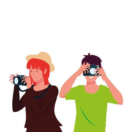 woman and man with camera design, Device gadget technology photography equipment digital and photo theme Vector illustrationのイラスト素材