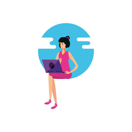 young woman using laptop computer vector illustration designのイラスト素材