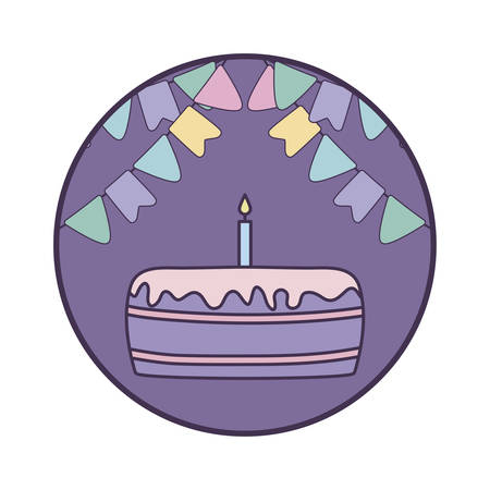cake of birthday in frame circular with garlands hanging vector illustration designのイラスト素材