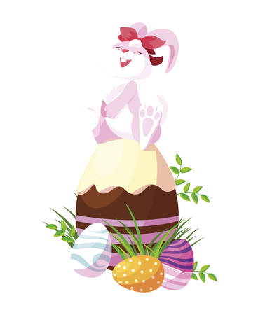 cute rabbit easter female with egg painted vector illustration designのイラスト素材