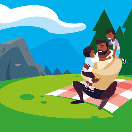 afro father with sons characters in the field picnic day vector illustration designのイラスト素材