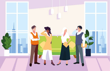 group of people business in the work office, coordinated work in friendly team in the office vector illustration designのイラスト素材
