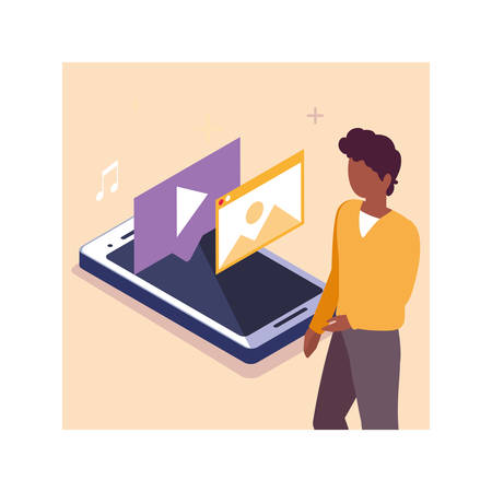man with smartphone screen and mobile applications vector illustration designのイラスト素材