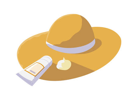 summer straw hat and solar blocker product vector illustration designのイラスト素材