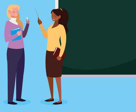 interracial female teachers couple with textbooks and chalkboard vector illustrationのイラスト素材